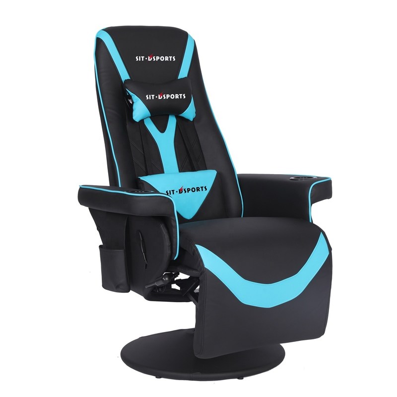 কাপ হোল্ডার, এলইডি আলো এবং ফুটরেস্ট সহ বিলাসবহুল কালো/নীল রেসিং স্টাইলের গেমিং সোফা